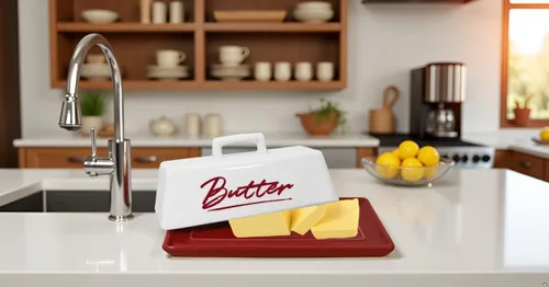 Vista 8 de Mantequillera de cerámica con tapa, plato de mantequilla roja con tapa para encimera y refrigerador, bandeja de mantequilla roja, recipiente