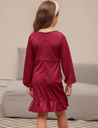 Vista 4 de GRACE KARIN Vestidos de fiesta con cuello redondo para niñas con dobladillo de volantes de doble capa 5-12 años