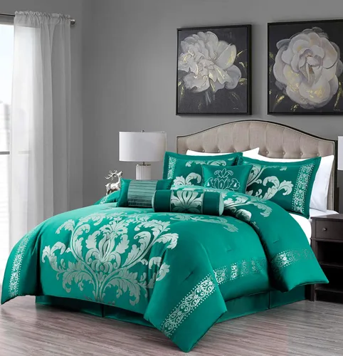 Vista 14 de Chezmoi Collection Juego de edredón floral de jacquard Royale de 7 piezas, matrimonial/doble, negro/dorado
