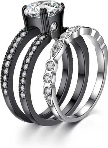 Vista 3 de Anillos de compromiso a juego para parejas diseño titanio y acero inoxidable con circonia cúbica, de Mabella