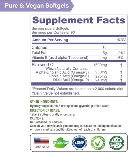 Vista 7 de LOVITA Aceite de linaza vegano 1500 mg, 900 mg ALA, 180 cápsulas blandas Cold-Pressed Omega 3-6-9, Plant-Based, Fish-Free, No Fishy Burps, cGMP