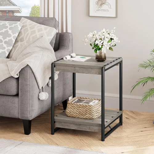 Vista 7 de Mesa auxiliar de almacenamiento de madera, cuadrada grande de 20 pulgadas con estante de 2 niveles, marco de metal moderno para cama, sofá, mesa