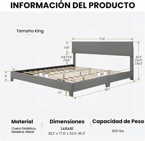 Vista 2 de SHA CERLIN - Base de cama tapizada tamaño King en color gris claro con cabecero ajustable, soporte de listones de madera, no necesita somier, fácil