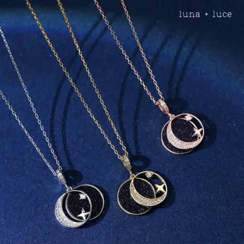 Vista 2 de Luna+ Collar con colgante de plata de ley 925 con media luna y media luna, circonita cúbica para mujeres y niñas, Plata esterlina, Circonia cúbica