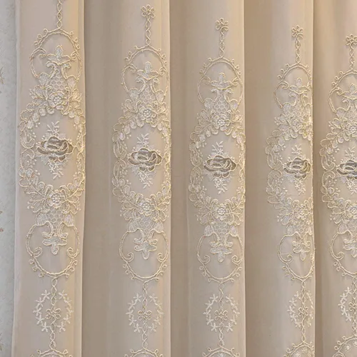 Vista 4 de Cortinas de oscurecimiento de habitación de doble capa con superposición transparente bordada para dormitorio, cortinas con ojales, cenefa adjunta