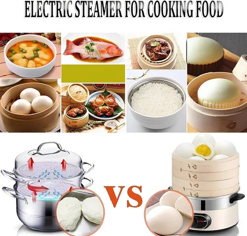 Vista 2 de Vaporizador eléctrico de alimentos para cocinar verduras con vaporizador de bambú de 2 niveles con temporizador de 60 minutos, apagado automático