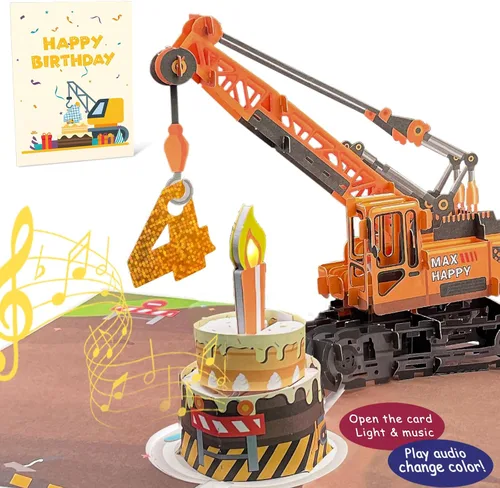 Vista 13 de Tarjeta de Felicitación 3D Desplegable de 1er Cumpleaños con Luz y Música, Tarjeta de Grúa y Camión Para Niño, Sobrino, Nieto, Hijo, Pequeño