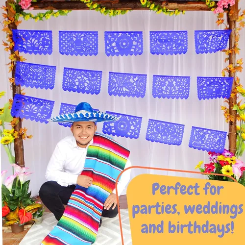 Vista 9 de Cartel de papel picado azul mediano, suministros de fiesta, banderas mexicanas azul rey, guirnaldas de papel perfectas para cumpleaños, despedida