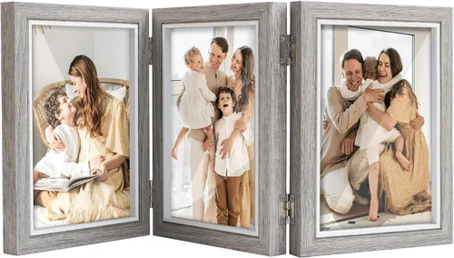 Vista 7 de Trifold Picture Frame 5x7 Blue Photo Collage Frame Hinged Triple Foldable Frame Blue for Tabletop Desk Display Gift for Mother, Friend
