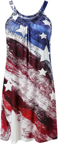 Vista 3 de Oiumov Vestidos de verano para mujer, diseño de bandera americana, vestido patriótico, sin mangas, casual, holgado, bohemio, vestido sin mangas