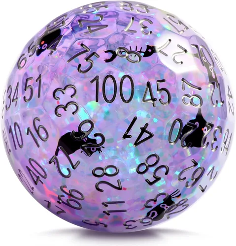Vista 21 de DNDND Dados D100 de núcleo líquido de 1.969 in con patrón de gato integrado, arena movediza transparente de 100 lados, dados de percentil de resina