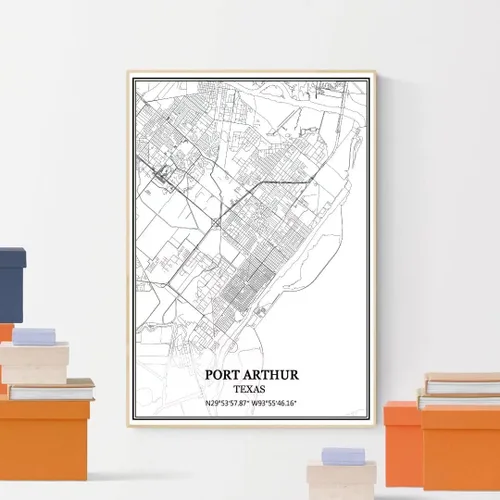 Vista 4 de Póster de pared de Port Arthur Texas, Estados Unidos América Mapa, impresión sobre lienzo, sin marco, moderno mapa blanco y negro BKWH-01864
