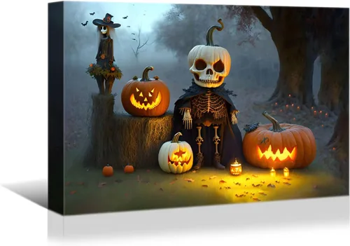 Vista 14 de BANHUA1 Decoración de pared de calabaza de Halloween, lienzo, arte de pared, pósteres para decoración del hogar, arte de pared, impresiones
