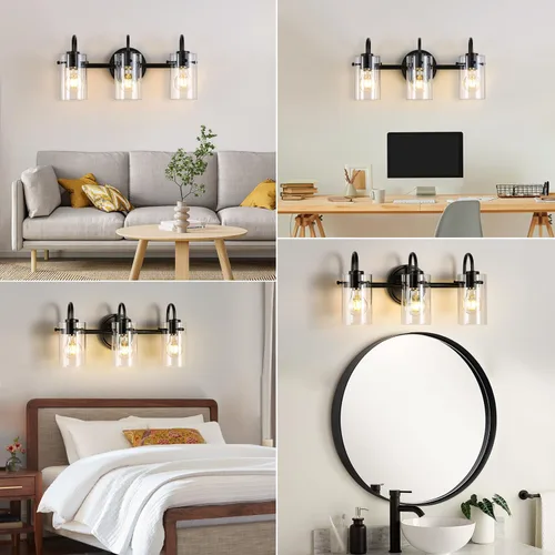 Vista 5 de 3 luces de tocador, lámparas de pared de baño negro mate sobre el espejo, aplique de pared moderno con pantalla de vidrio transparente, lámpara