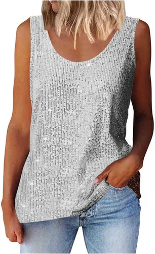 Vista 7 de Camisetas de lentejuelas para mujer, sin mangas, cuello redondo, brillante, sexy, para fiesta, camiseta sin mangas brillante