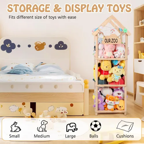 Vista 6 de Organizador de juguetes de peluche de madera de zoológico de 53 pulgadas, organizador de juguetes de peluche con anclajes antipunta, organizador