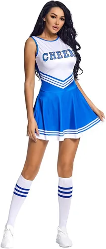 Vista 6 de Disfraz de animadora para mujer, disfraz de Halloween con pompones de animadora y calcetines altos a la rodilla, uniforme
