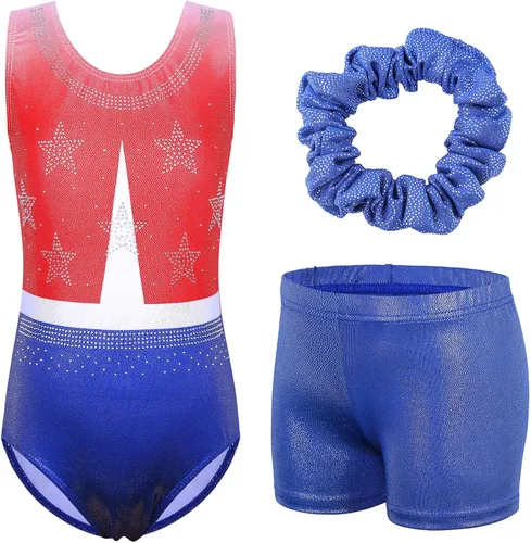 Vista 10 de BAOHULU Leotardos de gimnasia para niñas con purpurina y pantalones cortos a juego