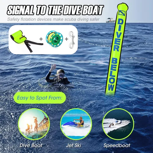 Vista 3 de Juego de boya marcador de superficie, tubo de señal inflable de alta visibilidad de 6 pies con tubo de señal de fondo cerrado con carrete de dedo