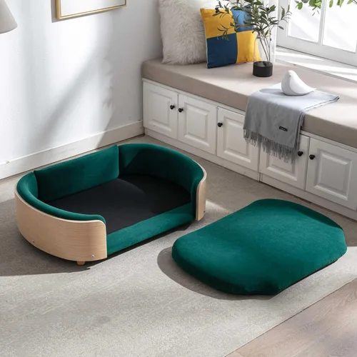 Vista 3 de Cama de terciopelo para perro, sofá para mascotas con patas de madera maciza y respaldo de madera doblada, cojín resistente a las manchas en varios