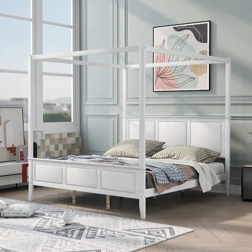 Vista 4 de Harper & Bright Designs Cama con dosel tamaño King con cabecera y estribo, cama de plataforma de madera con soporte de listones, tamaño King