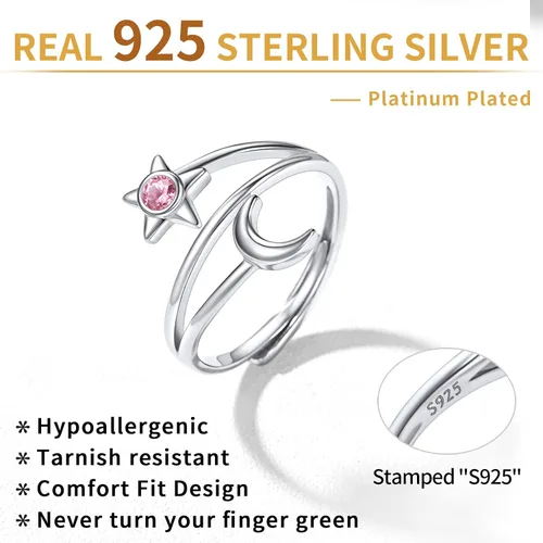 Vista 5 de ChicSilver Anillo de luna y estrella de plata de ley 925 con piedra natal luna creciente ajustable anillo de banda abierta regalo de cumpleaños