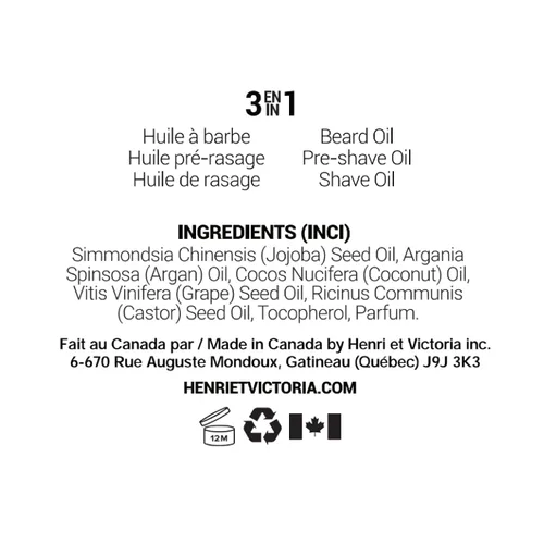 Vista 3 de HENRI ET VICTORIA Fragancia de aceite de barba Amande Fabricado en Canadá por expertos artesanos Ingredientes hidratantes, no grasos, naturales