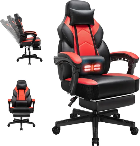 Vista 8 de Silla de juegos para adultos con reposapiés y soporte lumbar de masaje, silla ergonómica de respaldo alto, sillas giratorias ajustables