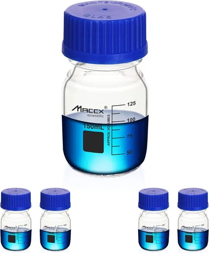 Vista 18 de Botellas redondas de vidrio de 34 onzas (33.8 fl oz), botella de vidrio de borosilicato resistente con tapa de rosca GL45, paquete de 2