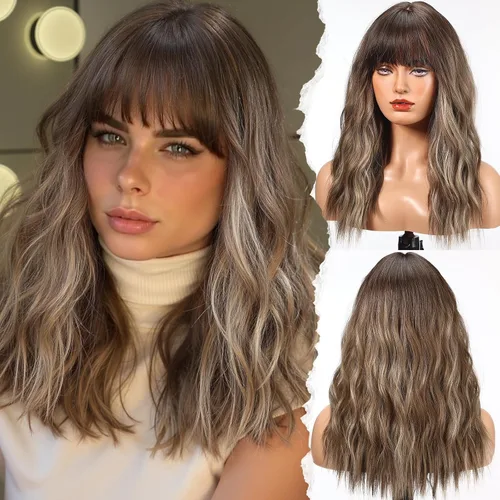 Vista 7 de HAIRCUBE Peluca larga con flequillo, pelucas sintéticas onduladas para mujer, color castaño rojizo