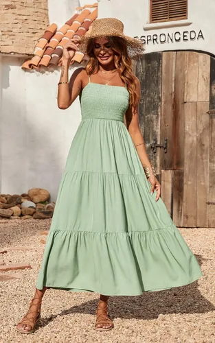 Vista 4 de Vestido largo de verano para mujer de PRETTYGARDEN, casual, bohemio, sin mangas, con tirantes delgados, fruncido, para playa, para el sol.