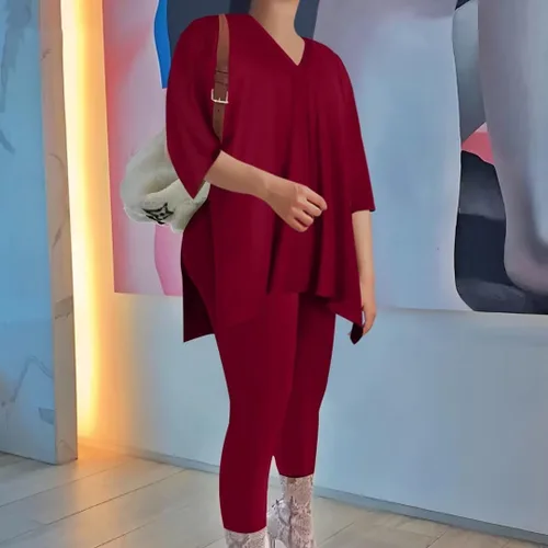 Vista 4 de AXOSY Conjunto deportivo de 2 piezas para mujer, talla grande, con volantes, pantalones largos, color rojo vino, talla 3XL, Rojo vino
