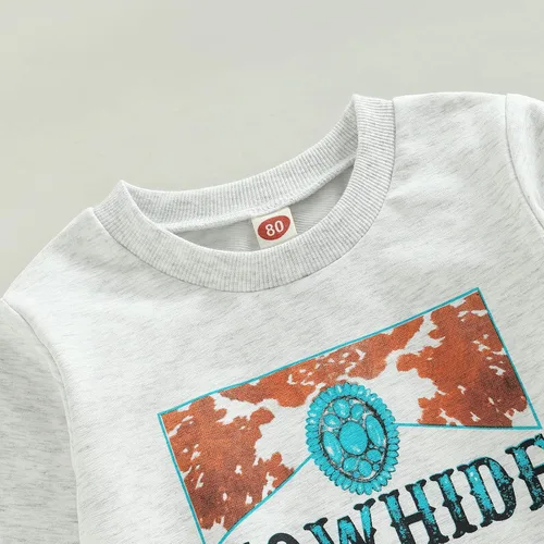 Vista 5 de Conjunto de 2 piezas de ropa occidental con estampado de letras, sudadera con estampado de vaca, pantalones acampanados para otoño e invierno