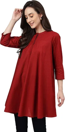 Vista 4 de Janasya Indian Dobby - Túnica de algodón liso acampanado para mujer (colección San Valentín)