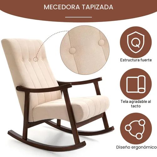 Vista 6 de AVAWING Silla mecedora tapizada con asiento acolchado de tela, cómoda balancín de madera maciza para sala de estar, silla moderna de respaldo alto
