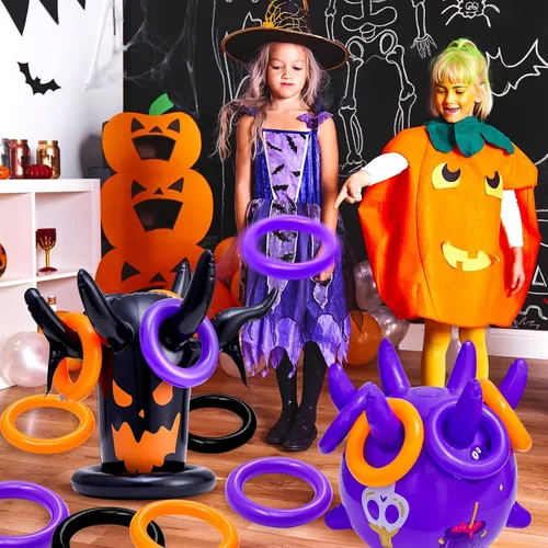 Vista 5 de Juego de lanzamiento de anillos de Halloween, inflable, espeluznante, juego de lanzamiento de brujas para niños, suministros de fiesta de Halloween