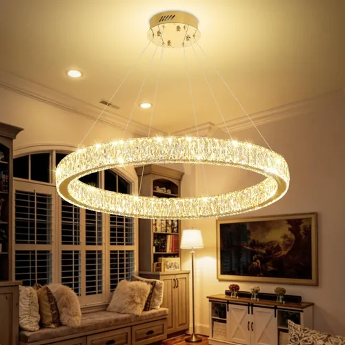 Vista 25 de Araña de Cristal LED Moderna Regulable de 8" Anillo Dorado Luminarias Colgantes para Isla de Cocina Comedor Sala de Estar