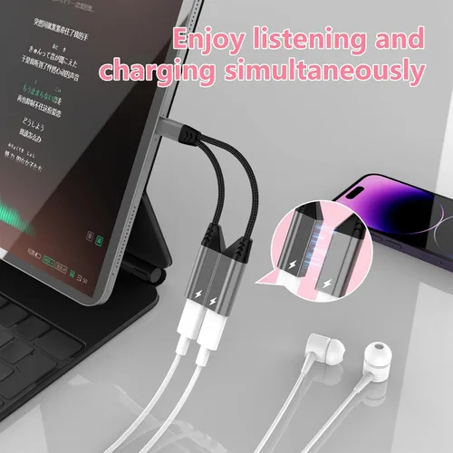 Vista 2 de Divisor de cable magnético 2 en 1 para iPhone a conector de audio Lightning dual para auriculares y cargador, adaptador de convertidor