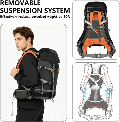 Vista 5 de Mochila de senderismo 30+5L para mujeres Mochila impermeable para acampar Negro