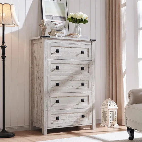 Vista 4 de T4TREAM - Cómoda de granja con 5 cajones para dormitorio, cómodas altas rústicas de madera, organizadores de cómodas para dormitorio, sala de estar