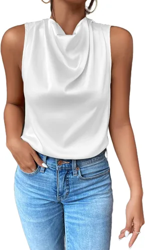 Vista 3 de Avanova Blusas de satén sin mangas para mujer, estilo casual, cuello drapeado y fruncido en la parte delantera