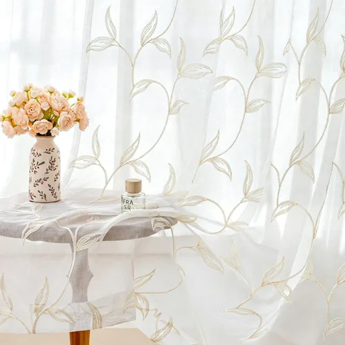 Vista 45 de VISIONTEX 2 paneles de cortinas traslúcidas de 63 in de largo, cortinas de gasa semitransparentes bordadas con hojas florales beige, bolsillo