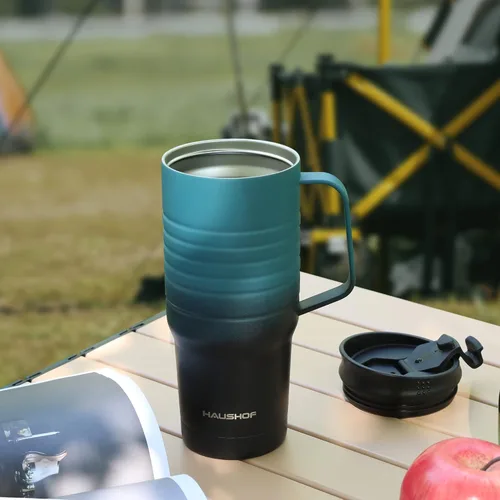 Vista 6 de HAUSHOF Taza de viaje de 24 oz con asa, taza de café de viaje con aislamiento al vacío de acero inoxidable, tazas de viaje de doble pared con tapa a