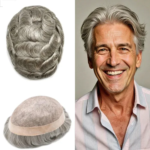 Vista 77 de Toupee de cabello humano fino mono revestido de poliéster para hombre, postizo de monofilamento duradero NPU monofilamento tupé para hombres