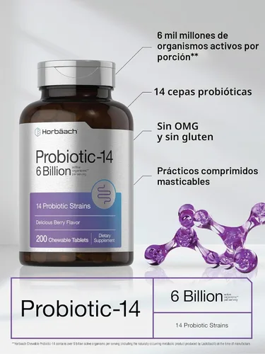 Vista 4 de Horbäach Probióticos 6 mil millones de UFC 200 tabletas masticables Sabor a bayas 14 cepas probióticas Suplemento vegetariano, sin OMG y sin