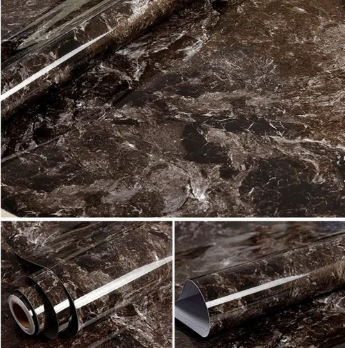 Vista 2 de REDODECO Papel adhesivo de mármol marrón brillante para encimera de cocina, papel tapiz autoadhesivo de 15.8 x 79 pulgadas (marrón oscuro)