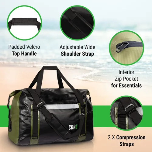 Vista 2 de Bolsa de lona impermeable de 60 litros extra grande Bolsa de lona seca resistente con correas de compresión duraderas y asas para surf, remo