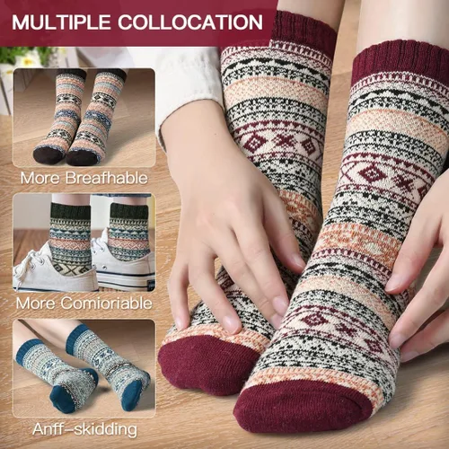 Vista 5 de FYC Winter Womens Socks Wool Warm Thick Knit Cozy Crew Casual Vintage Soft Socks for Women Christmas Gifts Socks 5 Pairs