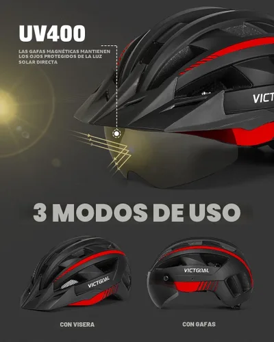 Vista 2 de VICTGOAL Casco de bicicleta con luz trasera recargable por USB, gafas magnéticas desmontables, visera solar extraíble, cascos de bicicleta de Negro