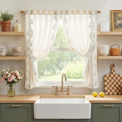Vista 30 de jinchan Cortinas de lino floral beige para cocina, 24 pulgadas, 2 paneles A Beige